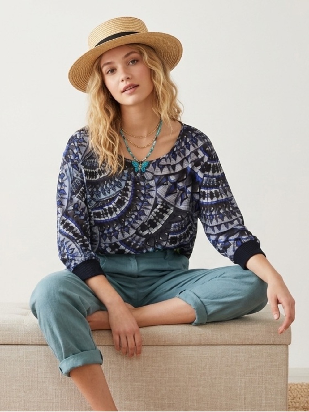 The Odells Blue Printed Silk Top N260-25